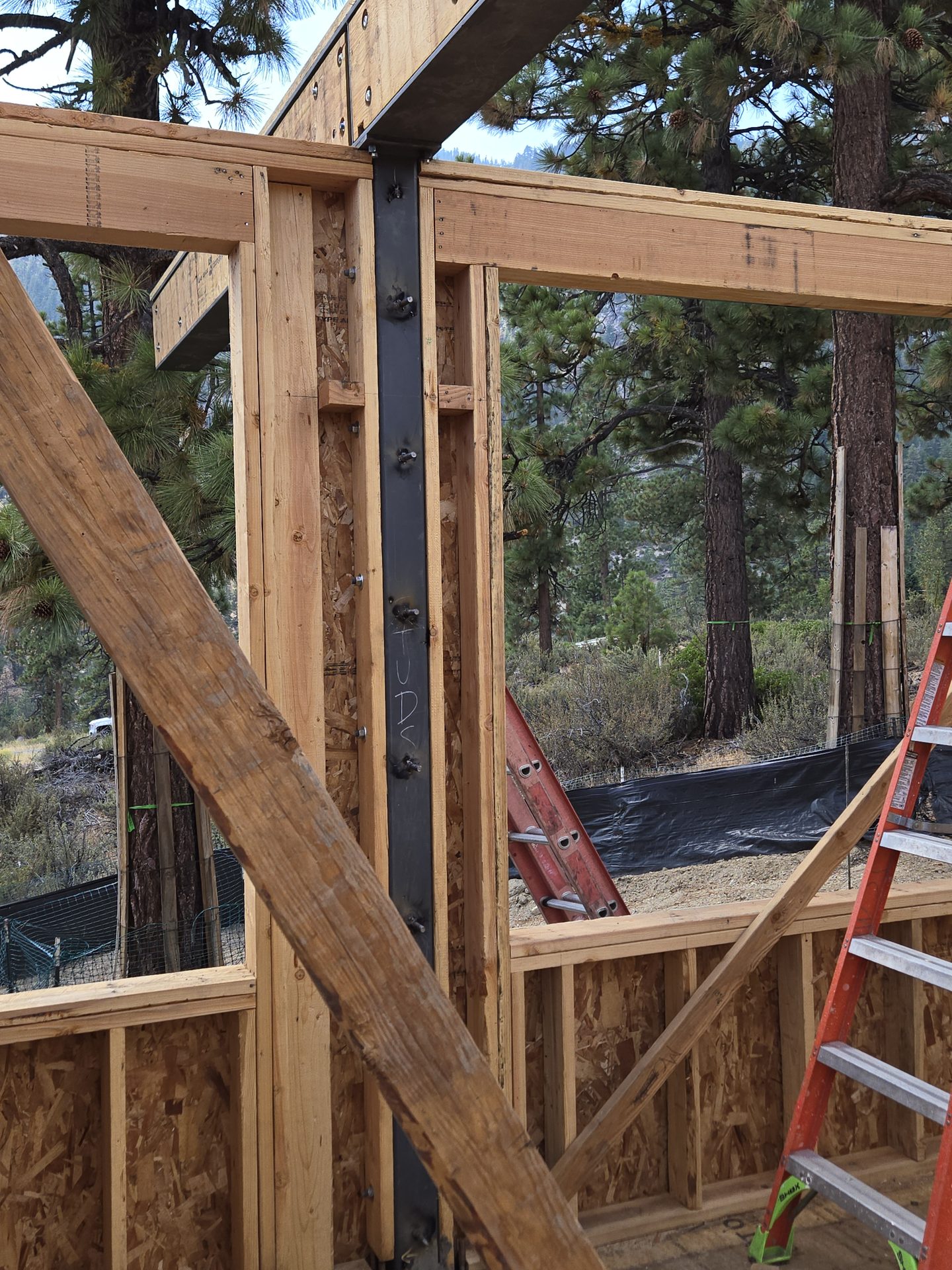 Interior steel column integrated with custom home wood framing